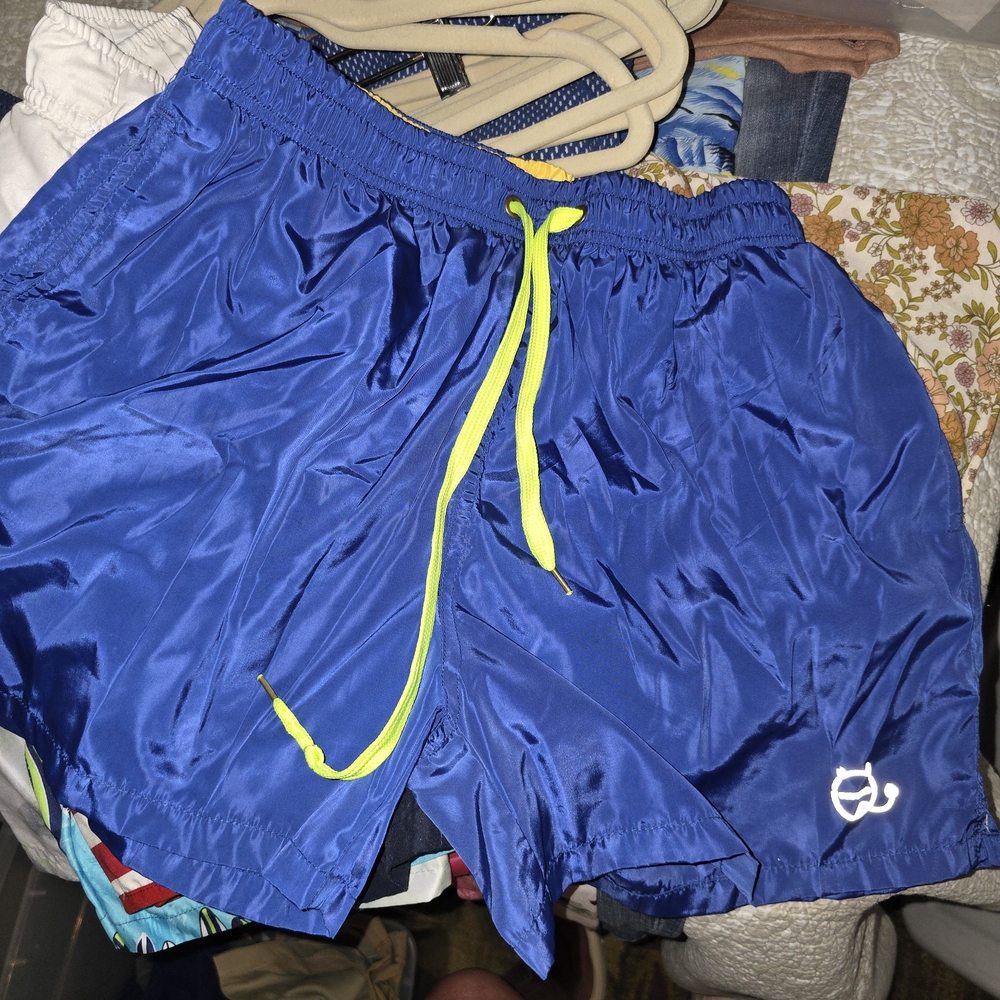Original Use Blue Athletic Shorts with Neon Accents